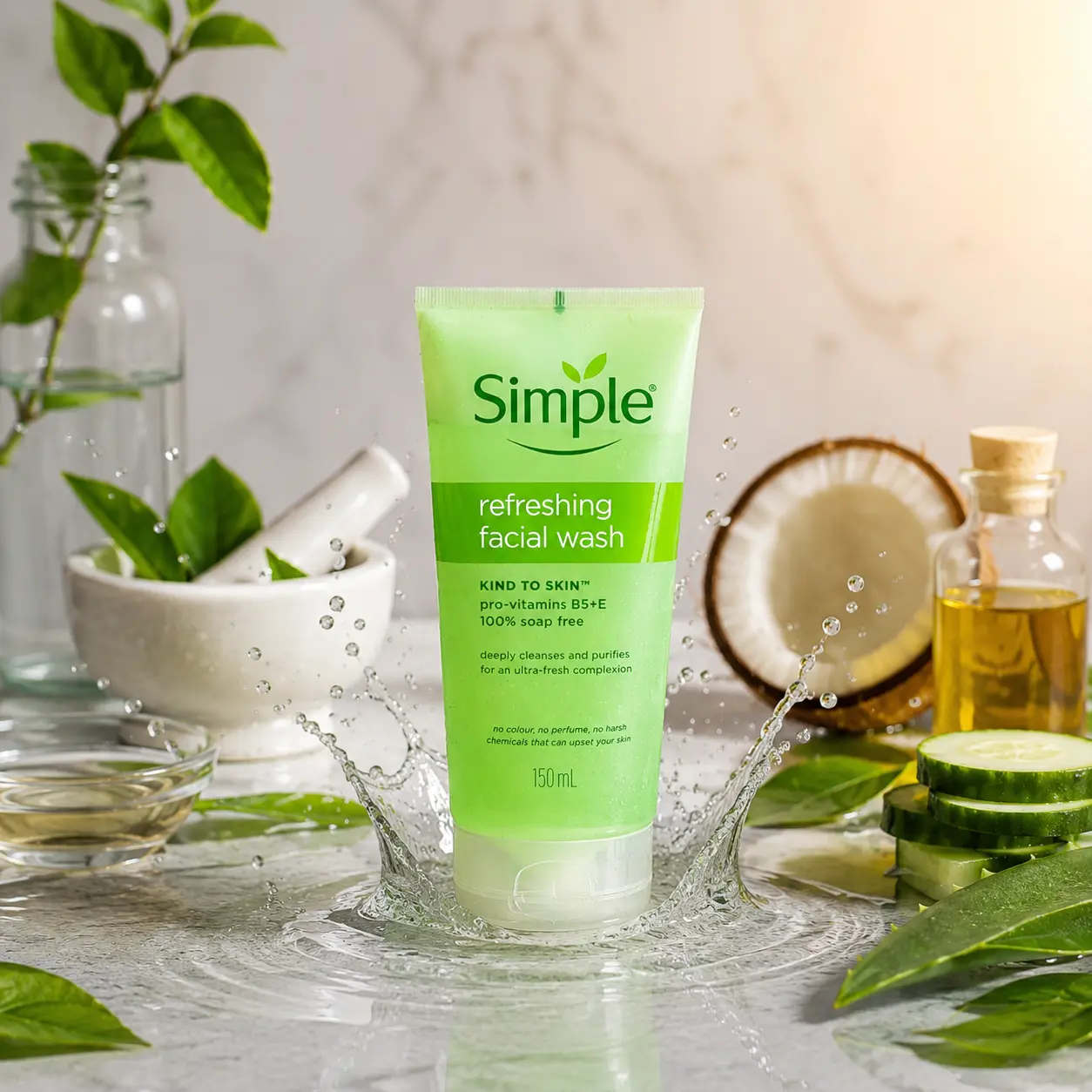Simple Kind to Skin Pro Vitamins B5+E 100% Soap Free Refreshing Facial Gel Wash (150ml)
