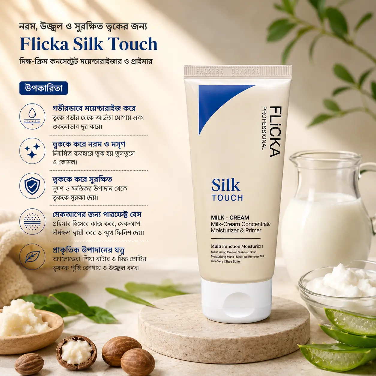 Flicka Professional Silk Touch Milk Cream Moisturizer & Primer With Multi-Function Aloe Vera & Shea Butter – 60 ml